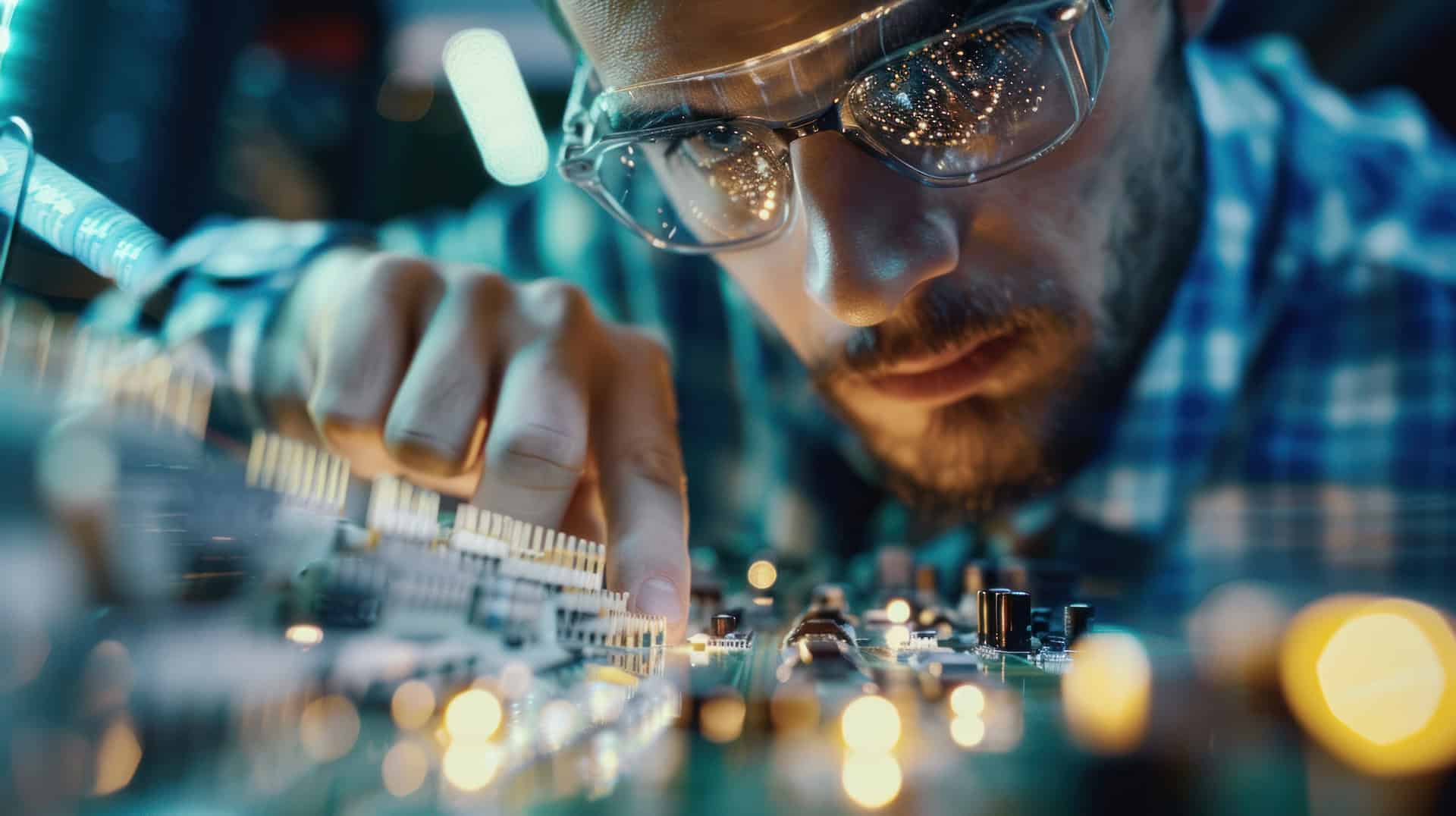 Engineer working on electronic circuit board with precision tools.